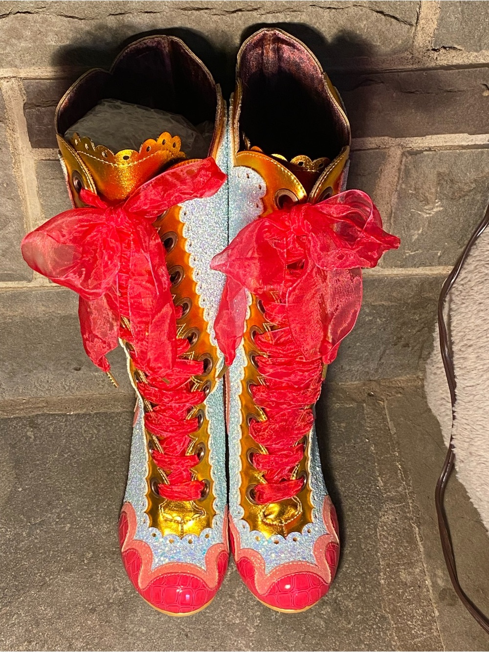 Irregular Choice sparkly Can-Can boots,hot pink patent,sky blue glitter,ribbon - Picture 10 of 16